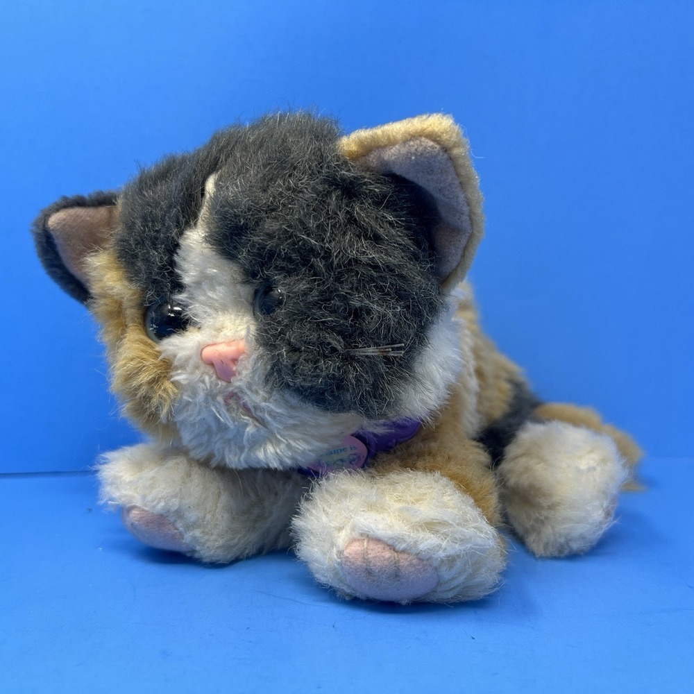 TYCO Kitty Kitty Kittens Calico Cat Plush 1993 7" Gray White Purring Rattle Rare
